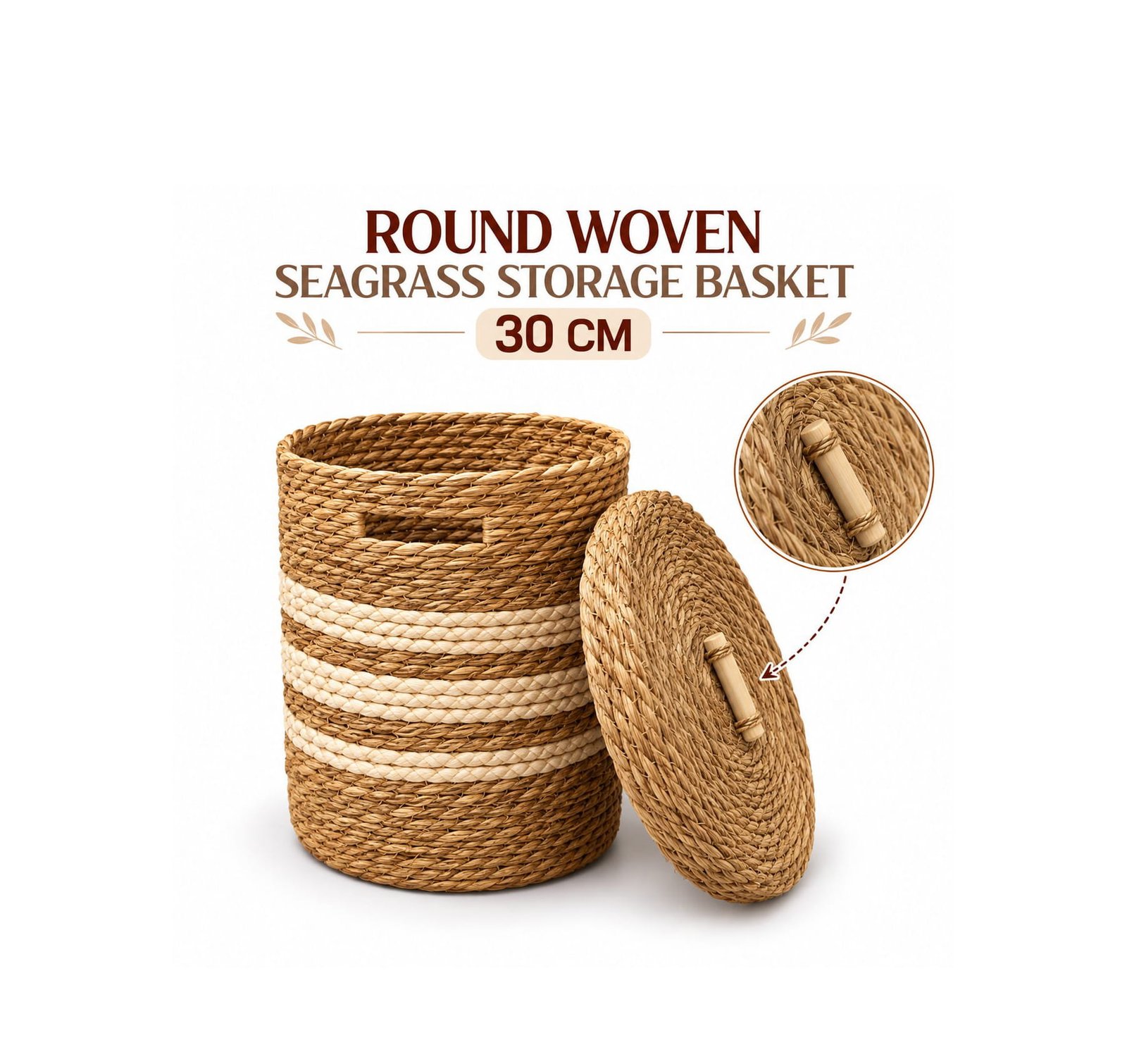 ROUND WOVEN SEAGRASS STORAGE BASKET 30CM - LID