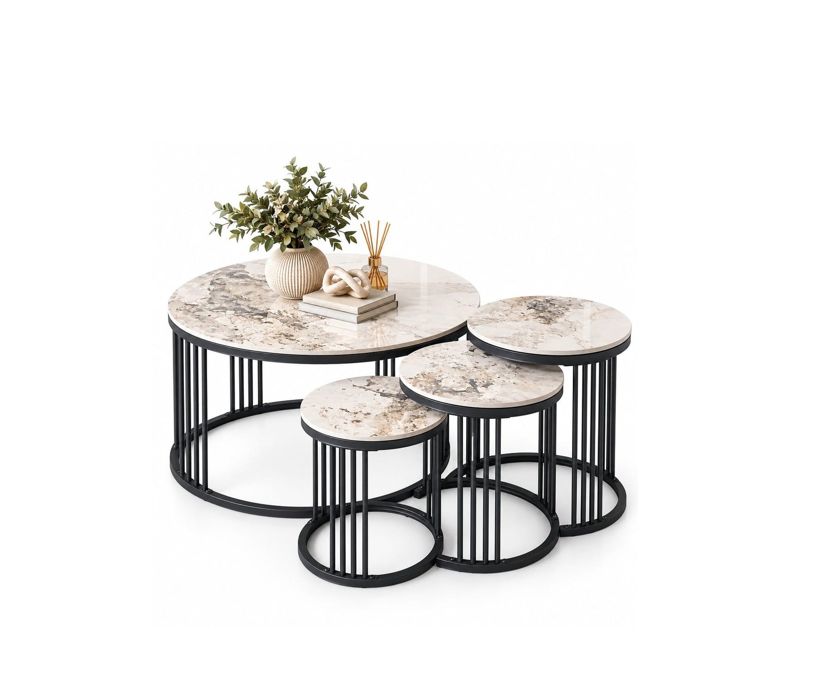 ROUND MARBLE TOP COFFEE TABLES SET OF 4