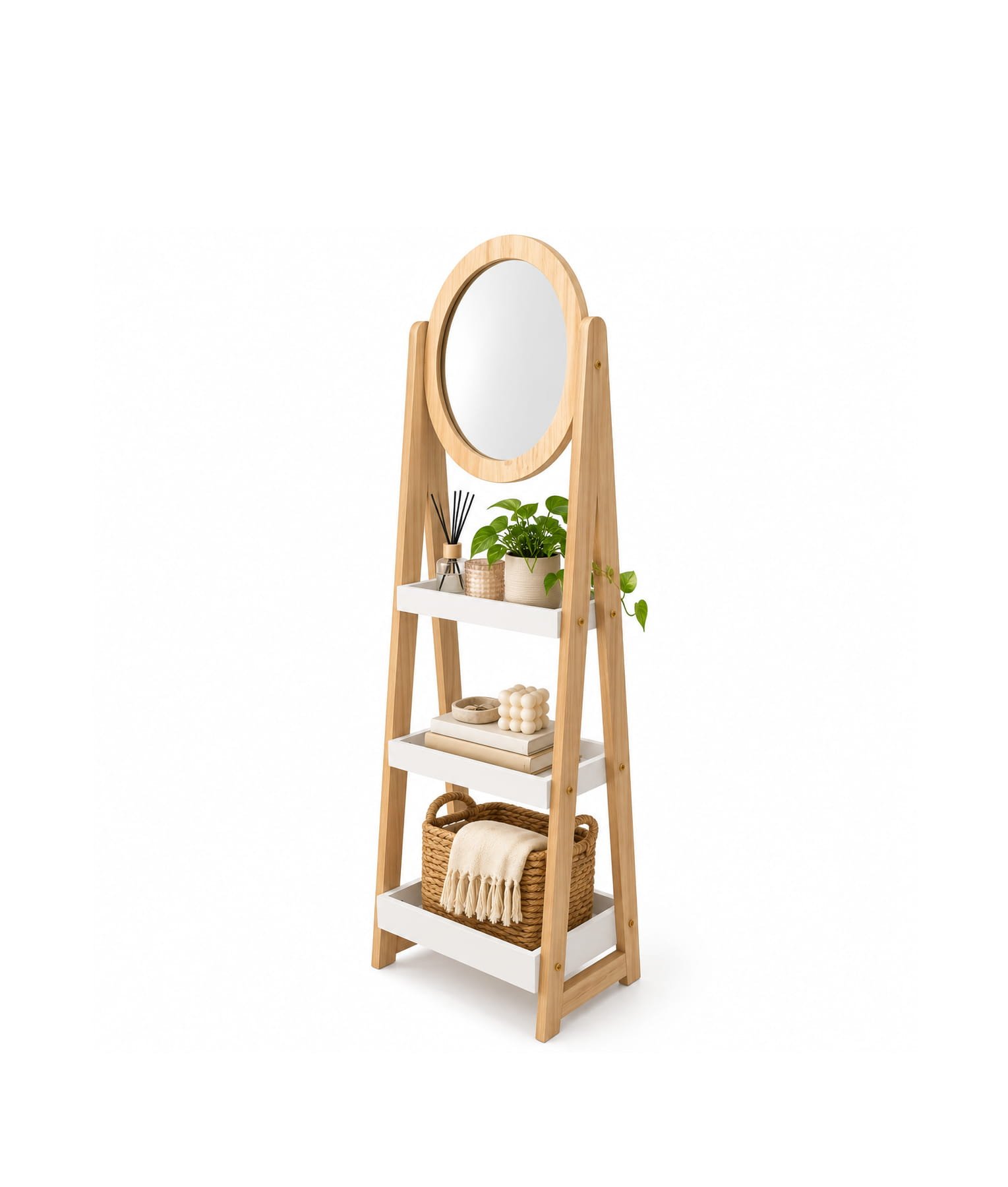 3-TIER WOOD STAND WITH OVAL MIRROR 132 CM