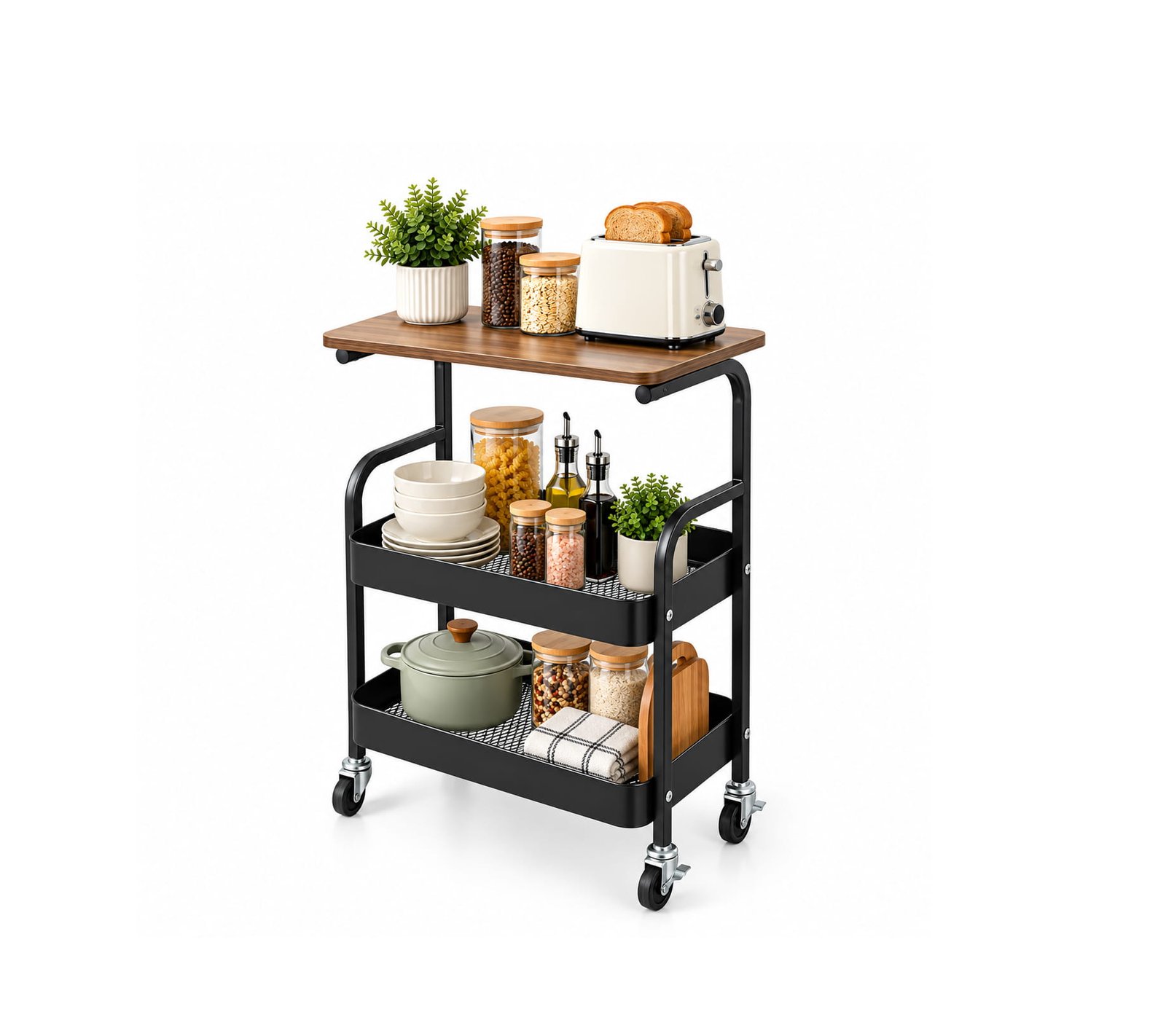 3-TIER STORAGE TROLLEY WITH WHEELS & WOOD TOP