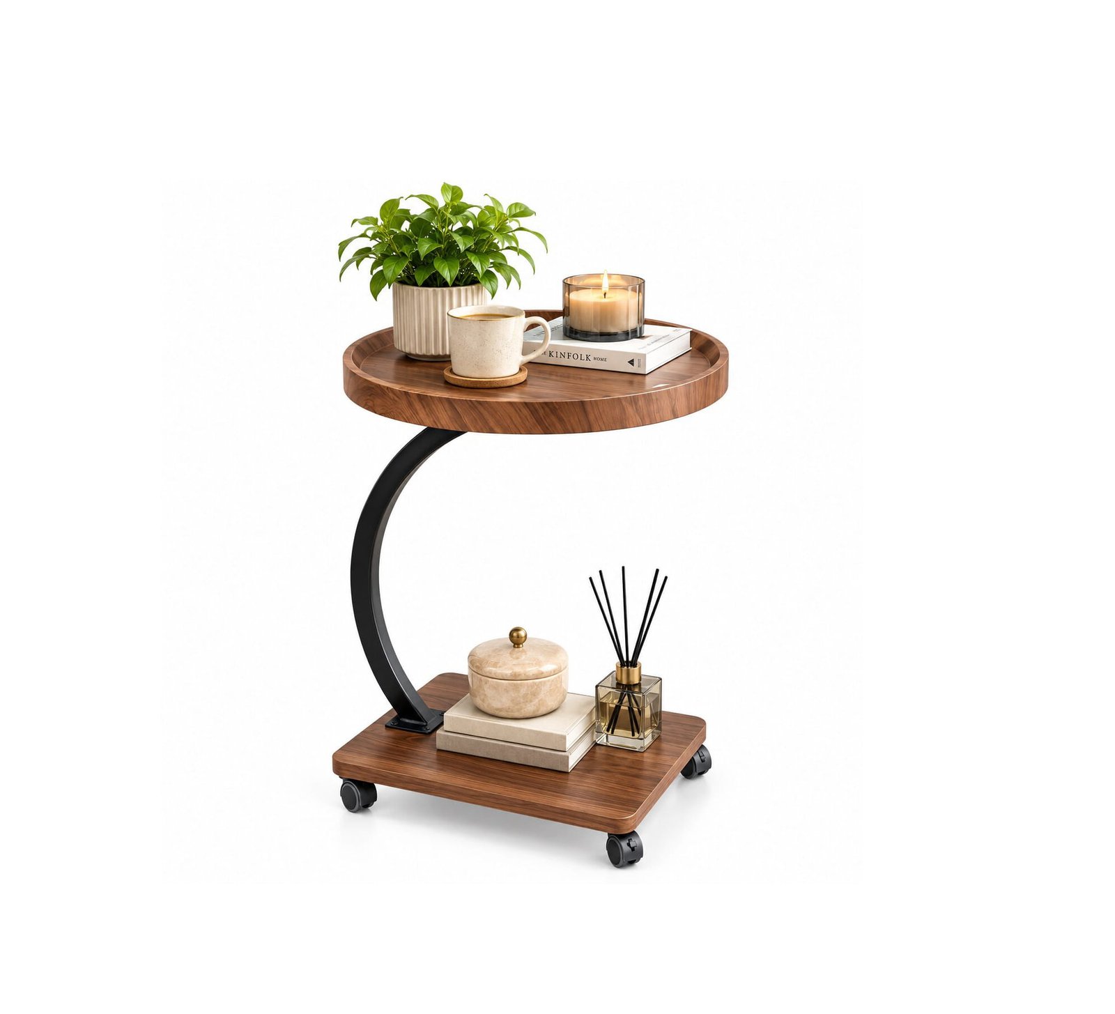 C-SHAPED SIDE TABLE WITH WHEELS & WOODEN TOP