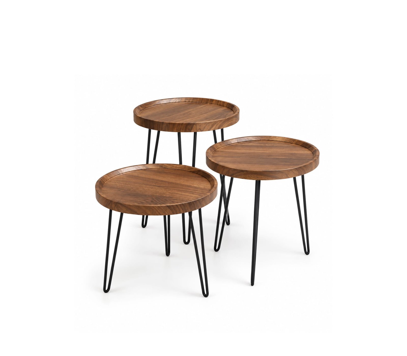 SIDE TABLE SET ROUND WOODEN WITH METAL LEGS 3 PCS