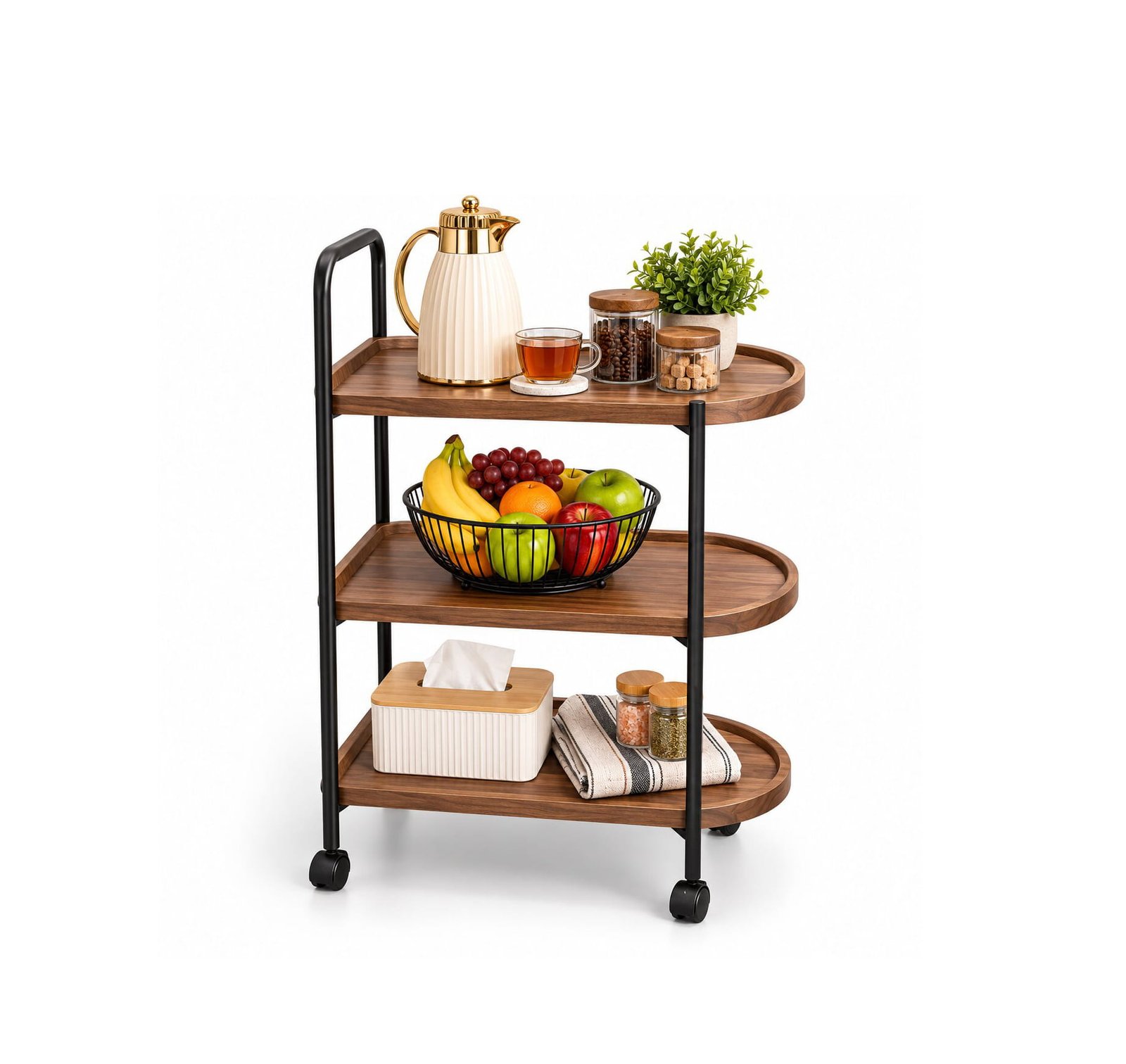 3-TIER WOODEN ROLLING SERVING CART WITH WHEELS