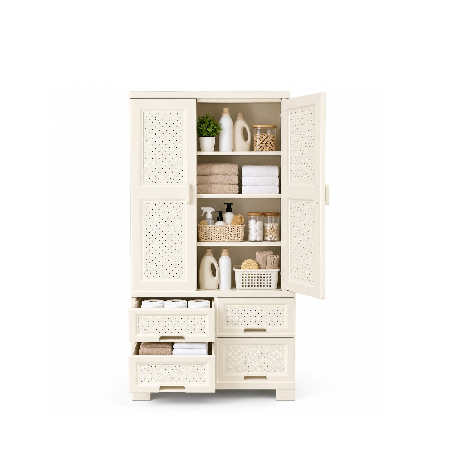 WHITE STORAGE CABINET WITH 4 DRAWERS & SHELVES