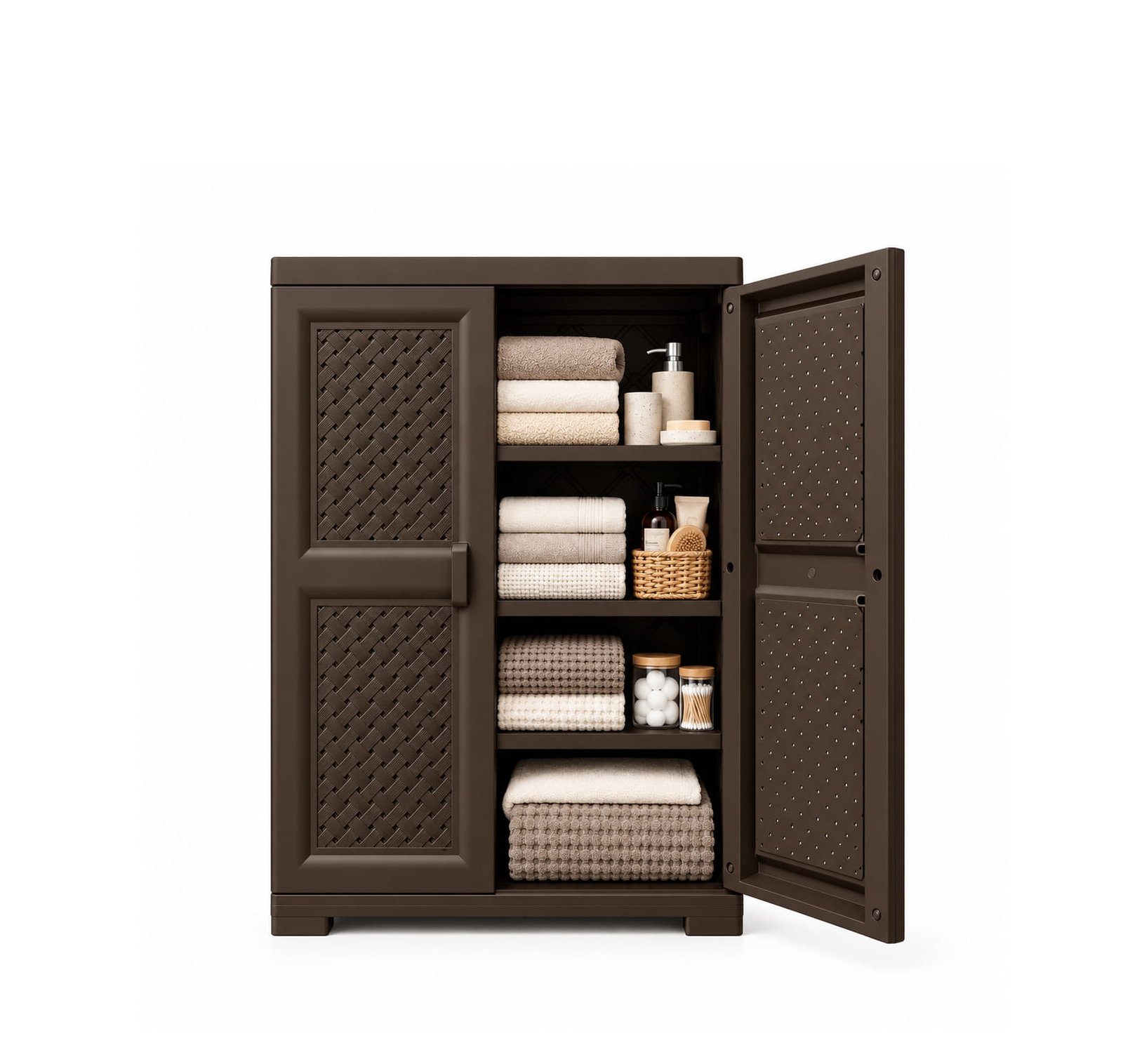 DARK BROWN STORAGE CABINET WITH 4 SHELVES AND 2 DOORS