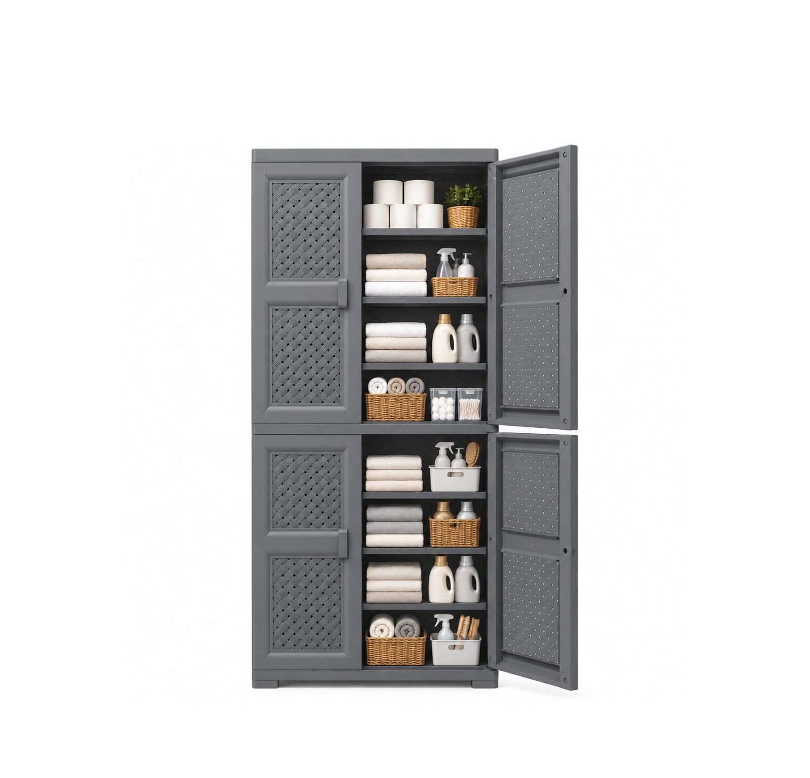 GREY STORAGE CABINET WITH 8 SHELVES AND 4 DOORS