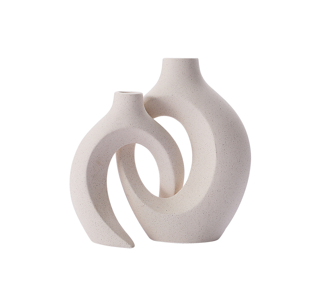 SET OF 2 OFF-WHITE CERAMIC VASES – NORDIC MODERN BOHO DECORATIVE FLOWER VASES FOR HOME DÉCOR
