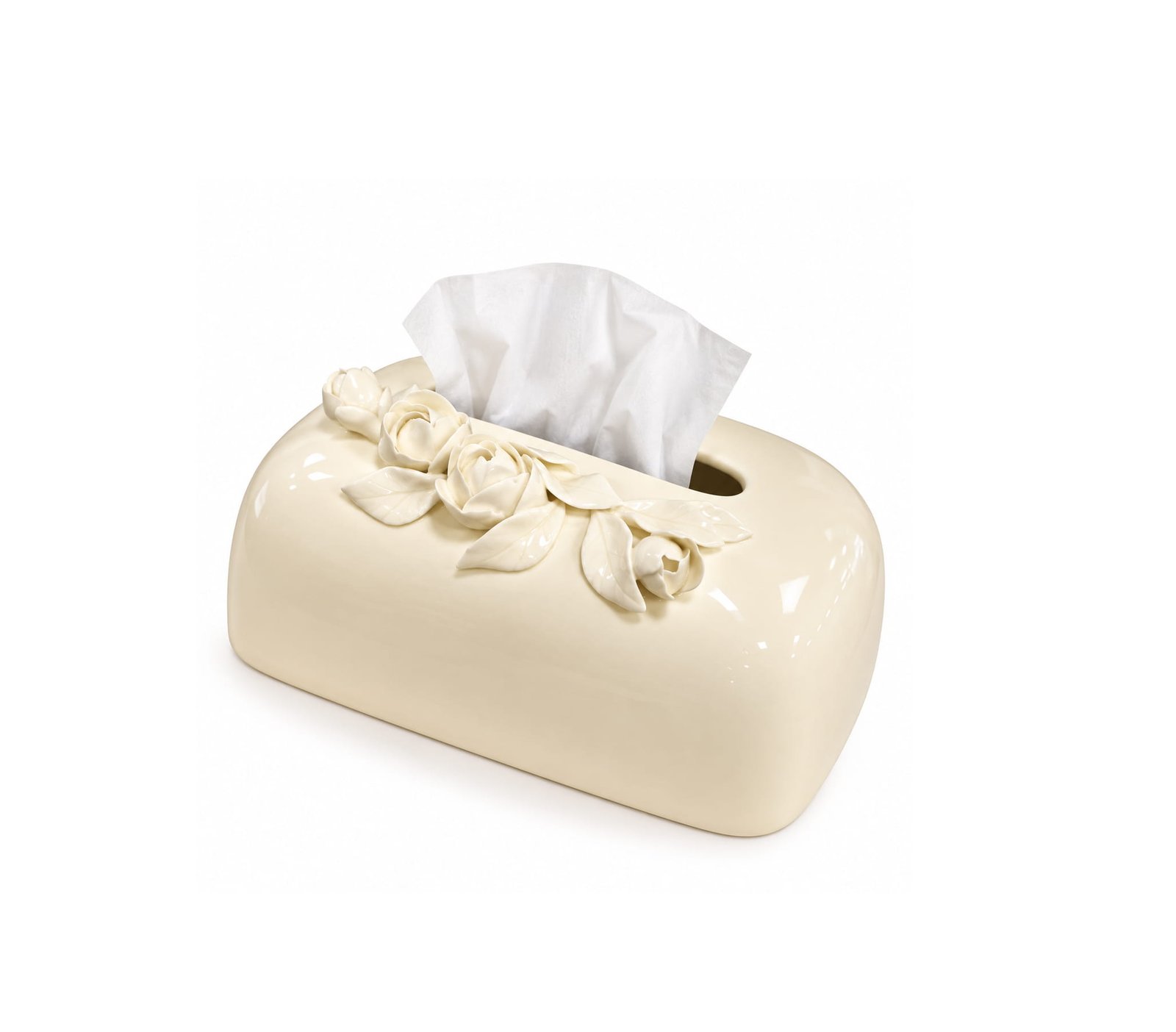 CREAM CERAMIC FLORAL TISSUE BOX WITH ROSE DÉCOR