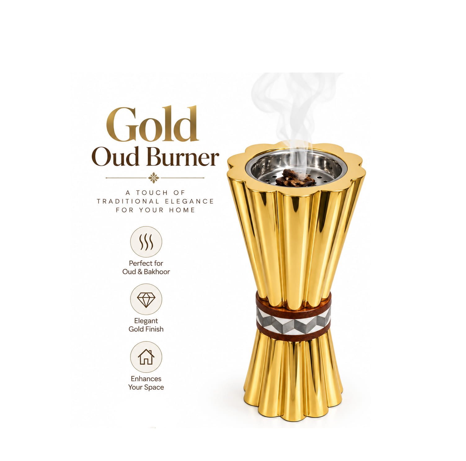 GOLD OUD BURNER WITH GEOMETRIC BAND 24 CM