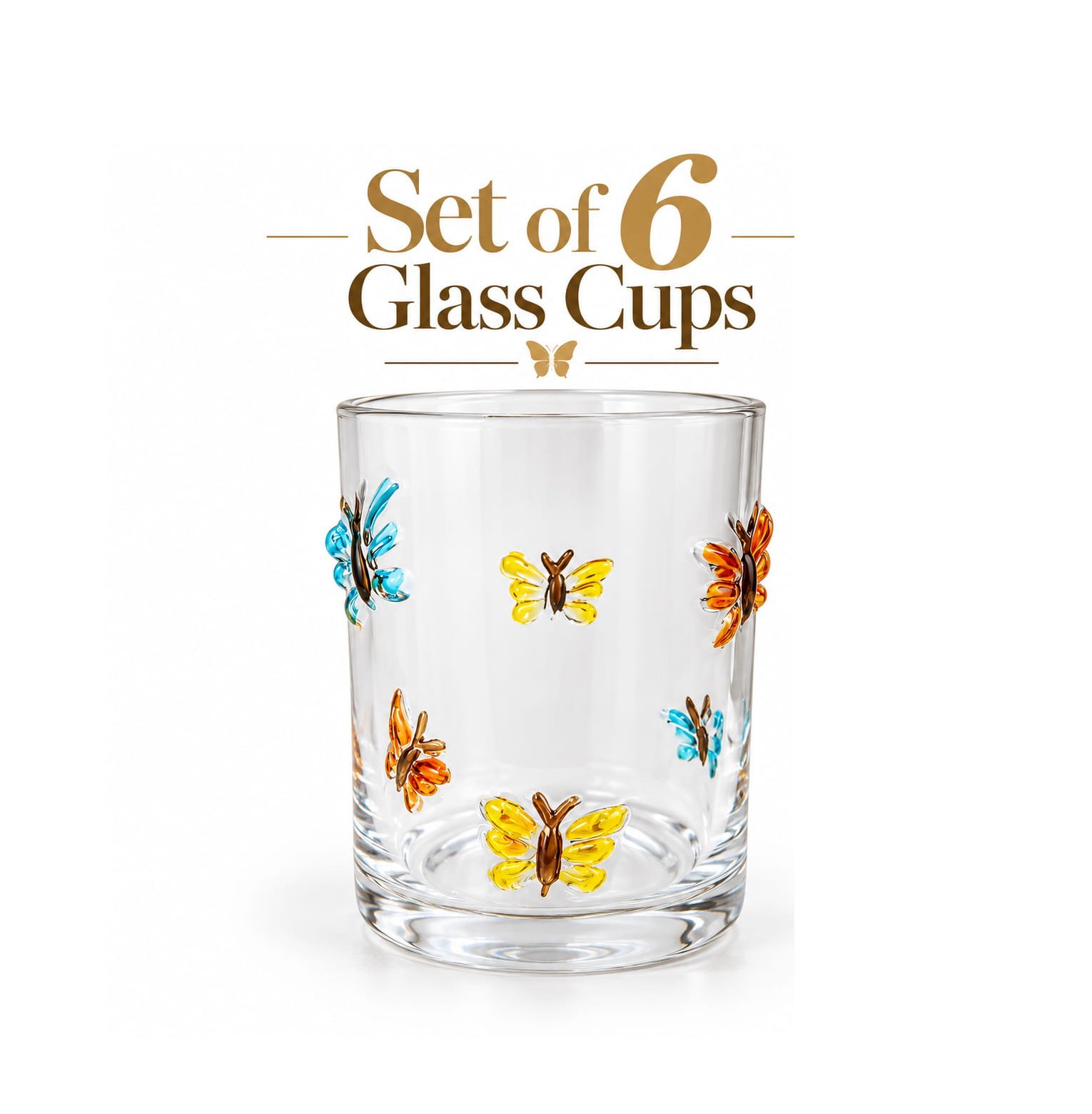 BUTTERFLY GLASS CUPS SET OF 6 FOR COLD DRINKS